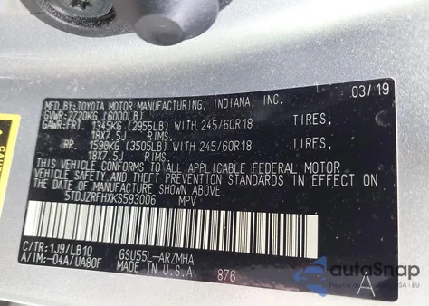 2019 Toyota Highlander Xle from USA, damaged, VIN 5TDJZRFHXKS593006